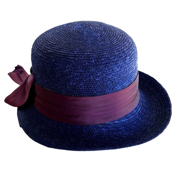 Vintage Straw Hat Blue Bowler Faded Purple Satin Ribbon - Picture 3 of 10